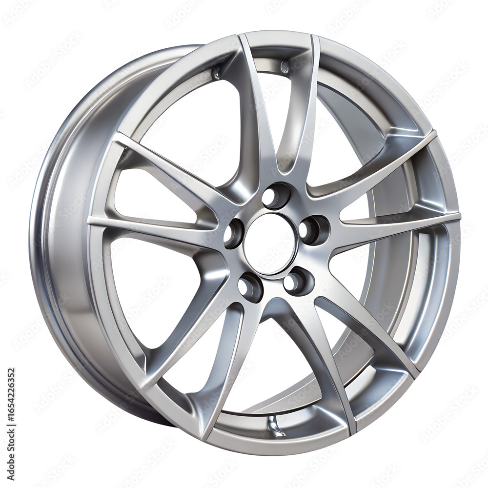 Obraz premium A single silver alloy car wheel with multiple spokes, isolated on a transparent background
