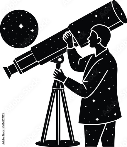 Illustration of a man looking through a telescope at the night sky on white background