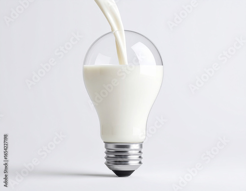 Creative concept of milk being poured into a light bulb on a white background, symbolizing fresh ideas, innovation, energy, nutrition, and inspiration in a minimal modern style.