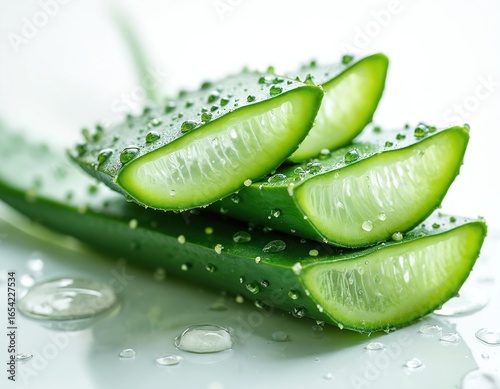 Wallpaper Mural Close-up of fresh Aloe Vera plant slices covered in water droplets on white surface. Succulent herb ideal for natural skincare, beauty, health products, offering hydration, healing properties. Torontodigital.ca