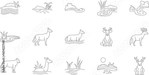 A set of linear icons representing deer in their natural habitat, such as ponds, lakes, and forests