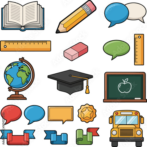 School Elements Illustration: A vibrant, cartoon-style illustration showcases essential school elements, from books and pencils to globes and graduation caps, perfect for educational projects.