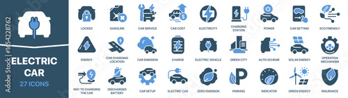 Electric car icon collection. This set features electric vehicles, charging stations, renewable energy, and battery solutions