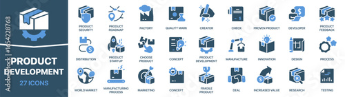 Product development icon collection. These icons represent concept creation, design, testing, and innovation.