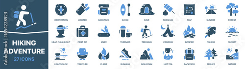 Hiking and adventure icon collection. This pack features trekking, camping, fishing, and mountain activities. Great for tourism projects, outdoor sports, and adventure branding materials