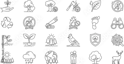 Collection of nature and environment icons, depicting conservation, sustainability, and renewable resources in a simple line art style