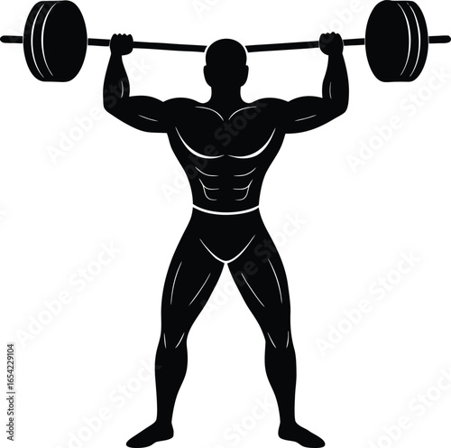 Silhouette of a muscular weightlifter lifting barbell overhead in a strongman pose on white background