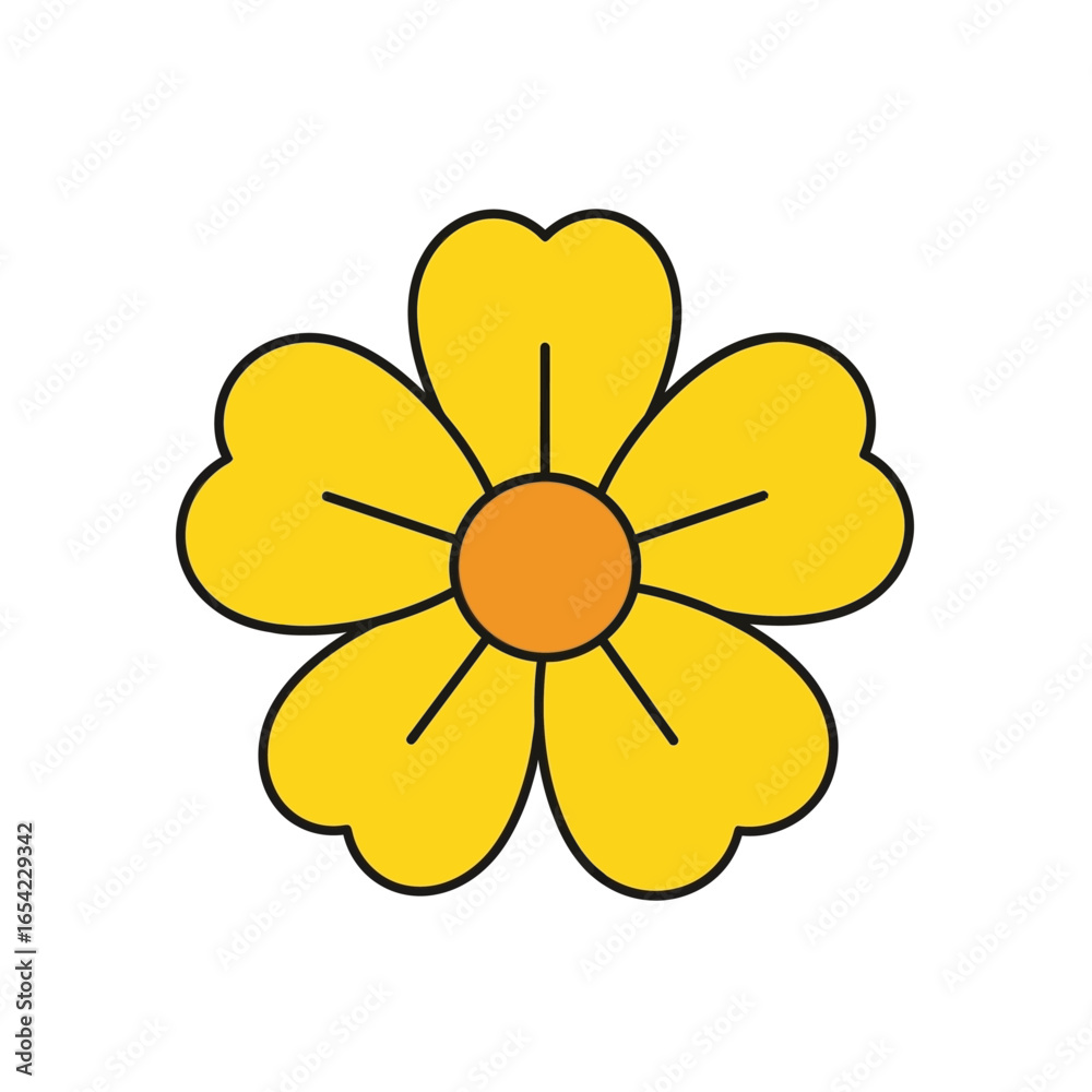 Fototapeta premium Simple yellow flower icon with a retro groovy aesthetic. Vector graphic illustration isolated on a white background.