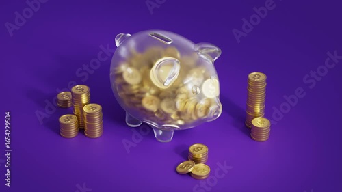 Piggy bank 3d animation. Gold dollar coins falling into glass transparent material pig. Stacks of coins money box container cracks and explodes, cash flies around. Financial investment, saving account