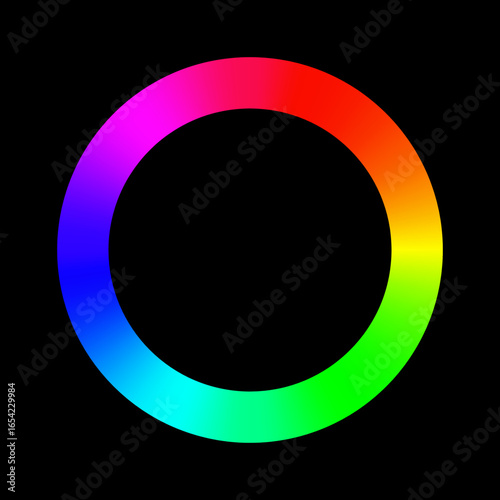 RGB hue circle. Color wheel gradient ring. Circular spectrum showing smooth transition between red, orange, yellow, green, cyan, blue, and magenta on black background. Vector illustration.