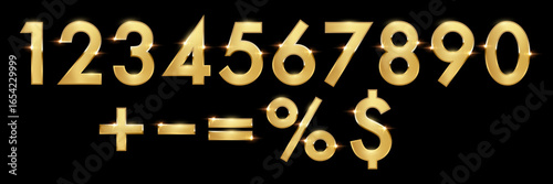 Golden 3d metal numbers and symbols. Set of anniversary gold font isolated on black background for promotion, party, holiday, postcard, banner. Realistic vector illustration.
