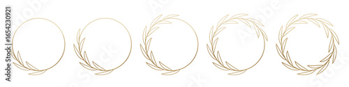 Golden laurel wreath frames. Elegant circular leaf rings in minimalist gold gradient design for awards, certificates, invitations, luxury branding. Decorative vector elements.
