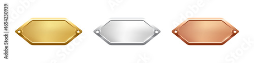 Set of blank hexagonal nameplates in gold, silver, and bronze colors with screw holes. Metallic tags for awards, achievements, labeling, or decorative purposes. Realistic vector illustration.