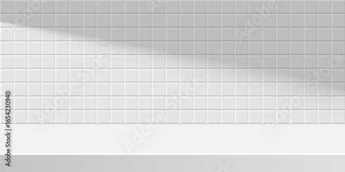 Countertop on white subway tile background. White podium with soft shadow. Metro brick horizontal pattern with shelf. Bathroom, kitchen or pool interior for product display. Realistic vector