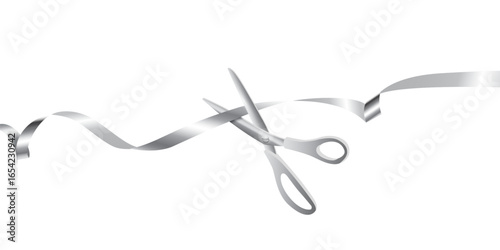 Grand opening ceremony. Silver scissors cutting ribbon isolated on white background. Luxury event announcement, stage celebration, or business launch. Realistic vector illustration.