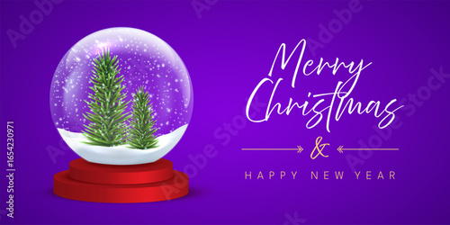 Snow globe with snowflakes and Christmas tree on purple with festive congratulations. Happy New Year greeting card vector illustration. Xmas horizontal social media banner, poster, postcard.