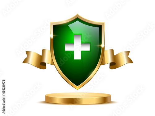 Green shield with white medical cross. Shiny security emblem on golden podium with ribbon. Health protection, antivirus safety, insurance, and medical or cybersecurity concepts. Vector illustration.