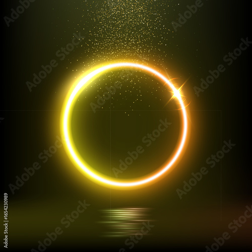 Glowing yellow orange neon circle with sparkling particles and reflection on dark background. Bright circular light frame for futuristic, sci-fi, festive design elements. Abstract vector illustration.