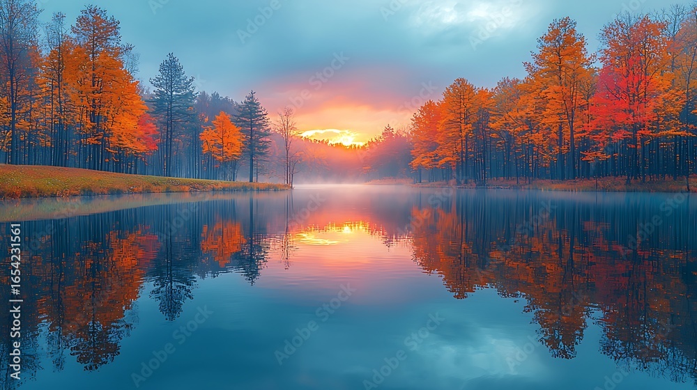 Naklejka premium A cozy autumn scene by a calm lake, with colorful trees reflecting in the water, the surrounding landscape bathed in the soft light of sunset, creating a warm and inviting atmosphere