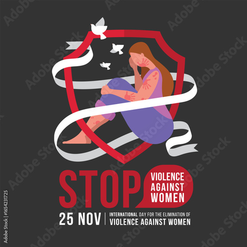 International Day for the Elimination of Violence Against Women - Woman sit in grief and has marks from a slap in red shield and white ribbon rolling around white bird peace vector design