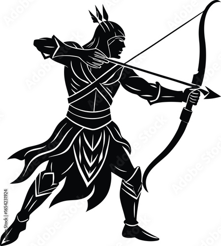 Silhouette of Native American Archer with Bow and Arrow in Stance on white background