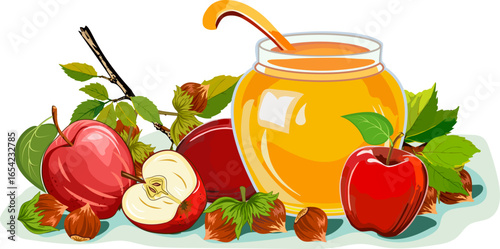 Jar of honey in illustration.Vector illustration with honey in a jar, apples and hazelnuts.