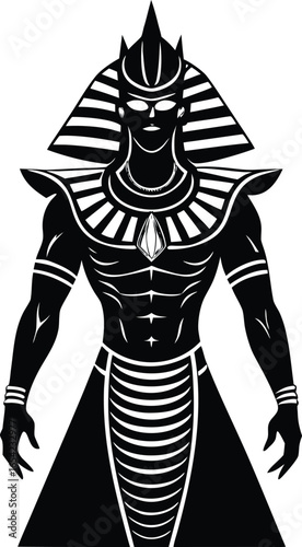 Stylized Egyptian Pharaoh Illustration in Black and White with Intricate Details on white background