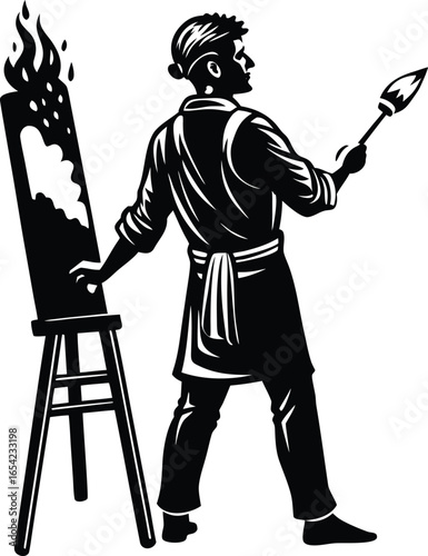 Artist Painting a Fiery Canvas with Passionate Energy in Black and White on white background