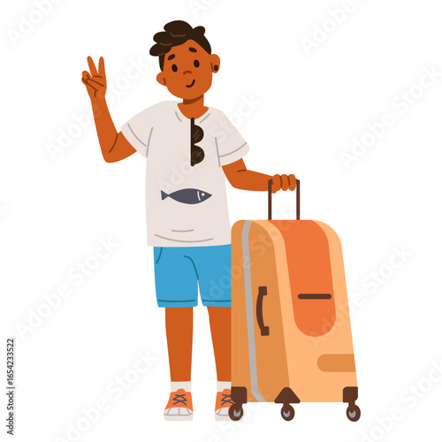 African American boy holding suitcase ready for travel showing peace gesture flat vector illustration isolated on white.