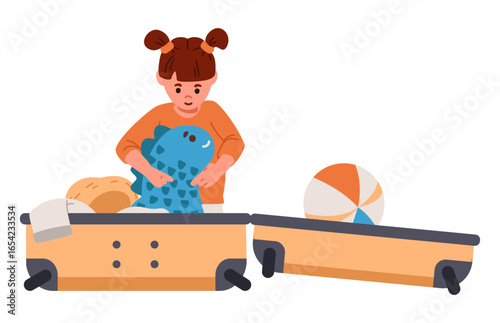 Cute happy little girl packing suitcase putting a toy inside flat vector illustration isolated on white.