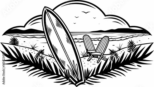 Illustration of a surfboard and chairs on a beach with birds flying overhead and vegetation around it