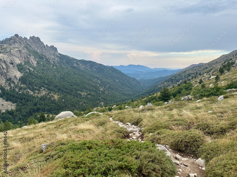 Fototapeta premium Vue sur la vallée d'Asinau lors de la descente vers le refuge d'Asinau sur le GR20