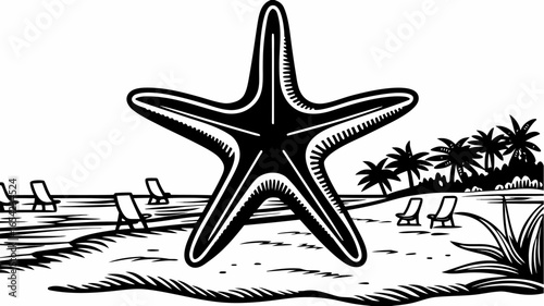 Illustration of a starfish on a beach with palm trees and beach chairs in a black and white design style