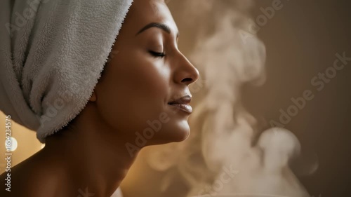 Young hispanic woman with a towel on her head inhaling steam from a bowl for facial spa treatment and aromatherapy, beauty concept footage.
