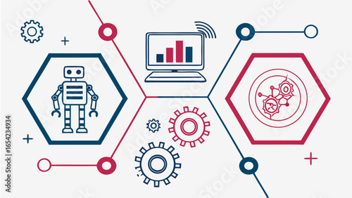 Illustration featuring a robot, a computer screen with bars, and gears connected by lines and shapes