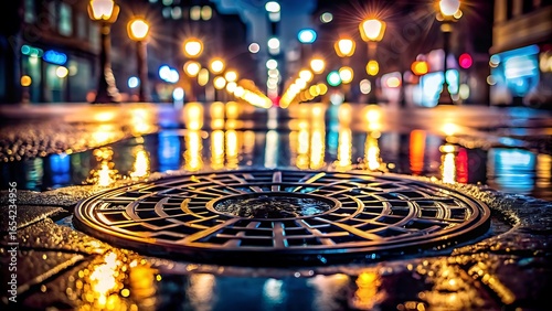 Manhole cover on a wet city street at night with light reflections
