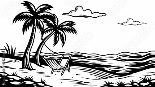 Black and white beach scene with palm trees, beach chair, clouds and ocean waves in monochrome style