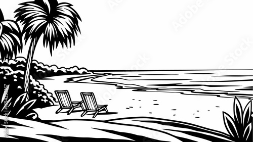 Illustration of a tropical beach scene with palm trees and two lounge chairs in black and white art