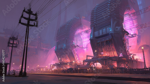 Industrial complex with glowing lights and power lines