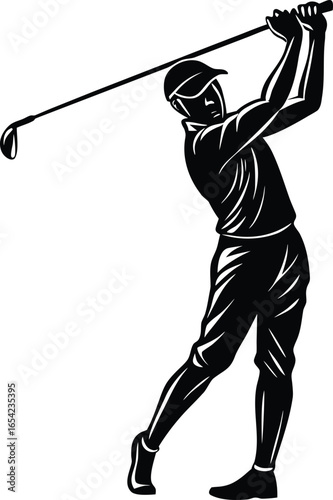 Silhouette of a golfer swinging a golf club in black and white on white background