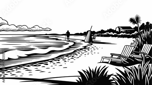A monochrome illustration of a beach scene with a person walking along the shore and beach chairs present
