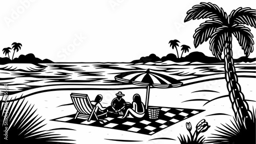 Illustration of a beach scene with people having a picnic under a palm tree and umbrella design