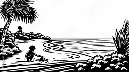 Illustration of a child playing on a beach near palm trees and vegetation in a black and white scene