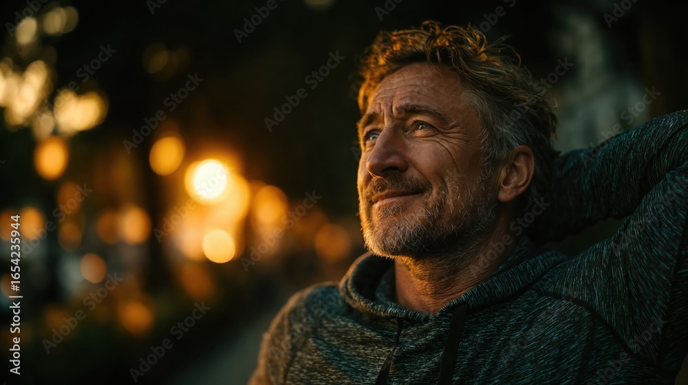 A portrait of a relaxed mature man outdoors in a park at sunset