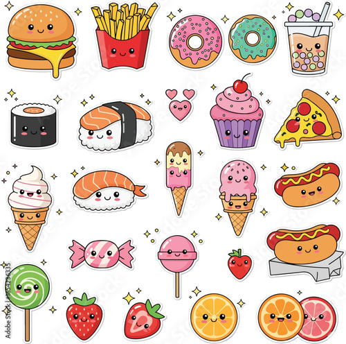 Whimsical Food Delight: An enchanting array of animated food items, each with a unique expression and charm, comes to life in a vibrant display of culinary delight.