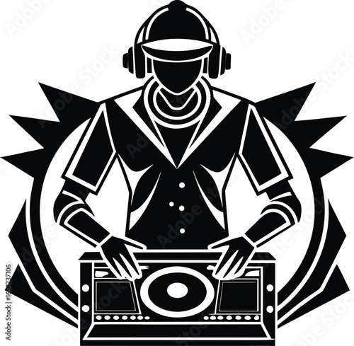 Black and White Graphic of a DJ Mixing Music with Turntables on white background