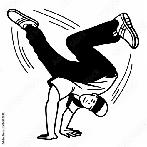 Black and white illustration of a hip hop dancer performing a freeze move on a white background breakdancing
