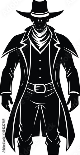 Silhouette of a Mysterious Cowboy Figure in a Wide Brimmed Hat and Coat on white background