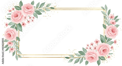 Elegant gold frame adorned with delicate pink roses and green leaves, perfect for invitations or announcements.