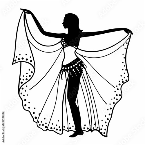 Black silhouette of a belly dancer with flowing skirt on a white background woman female